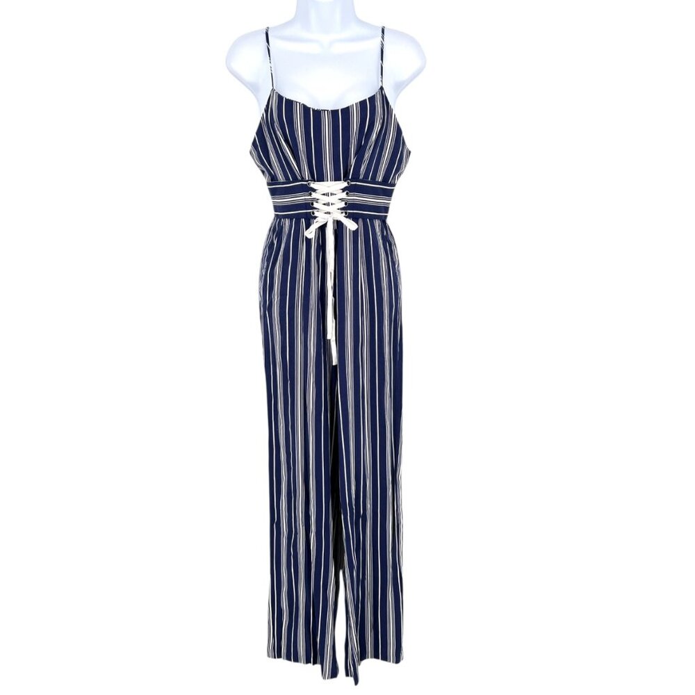 BB Dakota Blue White Striped Jumpsuit Lace-Up Waist Size 4 NWT